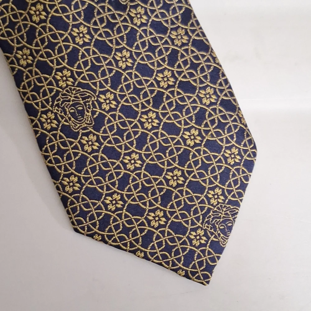 Vintage 90s Versace silk tie - navy blue/gold print